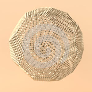 Abstract golden lines and spheres web structure. Detailed geometrical ornament. Fantasy fractal texture. 3d rendering