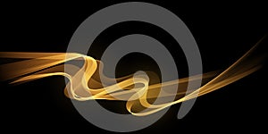 Abstract golden luxury wave isolated on black background. Motion light swirl design element for banner, presentation