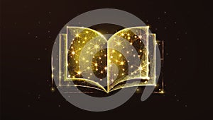 Abstract golden magic book with stars on a dark background. Magic or legend book