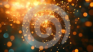Abstract golden network with glowing lights and bokeh effect photo