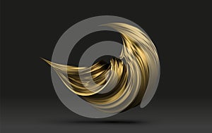 Abstract golden paint 3d stroke, paint spash close-up. Geometric digital art element. Twisted shape in motion. 3D