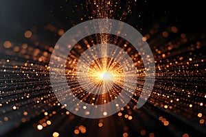 Abstract golden particles exploding from a bright light source in the dark