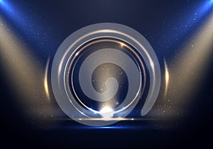 Abstract golden ring circles lighting effect backdrop with spotlight on blue stage background