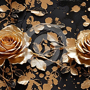 Abstract Golden Roses Painting Flowers Seamless Pattern Colorful Digital Background Floral Design - ai generated