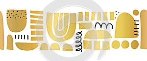 Abstract golden shapes seamless vector border. Repeating horizontal pattern cut out Matisse style collage metallic gold foil.