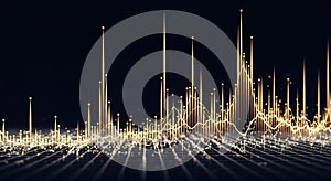 Abstract Golden Sound Wave Data Visualization with Glowing Particles and Grid
