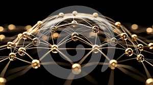 Abstract Golden Sphere Network 3D Render of Interconnected Nodes on Black Background
