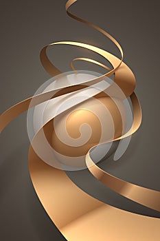 Abstract golden sphere with ribbons background