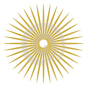 Abstract golden sunburst on white background. Vintage sun burst design element. Geometric shape, light ray