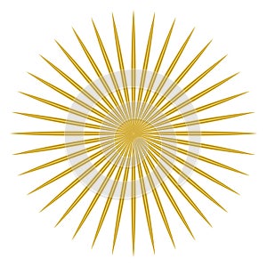 Abstract golden sunburst on white background. Vintage sun burst design element. Geometric shape, light ray