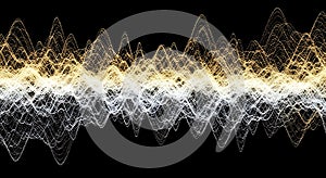 Abstract golden and white sound wave pattern on black background for visualization