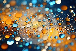 Abstract golden yellow and blue glitter lights background. Circle blurred bokeh