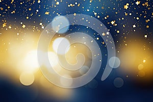 Abstract golden yellow and blue glitter lights background. Circle blurred bokeh