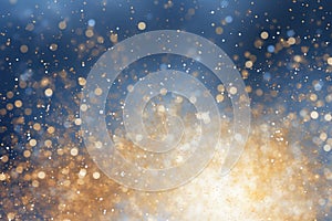 Abstract golden yellow and blue glitter lights background. Circle blurred bokeh