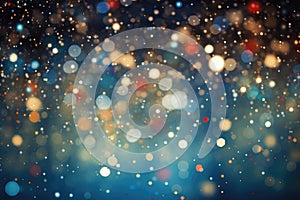 Abstract golden yellow and blue glitter lights background. Circle blurred bokeh