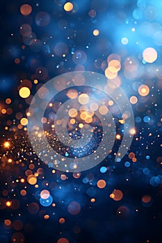 Abstract golden yellow and blue glitter lights background. Circle blurred bokeh