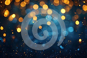 Abstract golden yellow and blue glitter lights background. Circle blurred bokeh