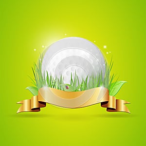 Abstract golf background with ball, grass and golden ribbon