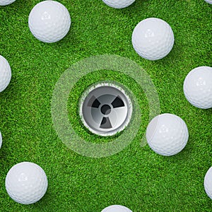 Abstract golf sport background of golf ball and golf hole on green grass background.