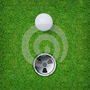 Abstract golf sport background of golf ball and golf hole on green grass background.