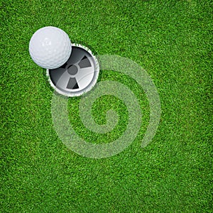 Abstract golf sport background of golf ball and golf hole on green grass background.