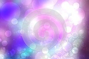 Abstract gradient blue pink violet background texture with blurred white bokeh circles and lights. Space for design. Beautiful