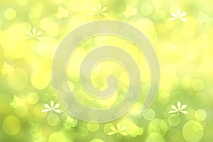 Abstract gradient green light and yellow colorful pastel spring or summer bokeh background with leaves and circular lights.