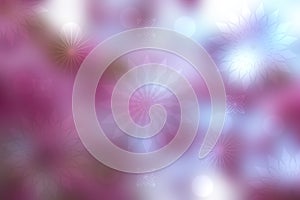 Abstract gradient purple pink background texture with blurred bokeh circles and flower star lights. Space for design. Beautiful