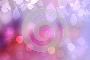 Abstract gradient purple pink background texture with blurred bokeh circles and leaves. Space for design. Beautiful autumn