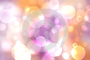 Abstract gradient purple pink yellow white background texture with blurred bokeh circles and glittering lights.  Beautiful