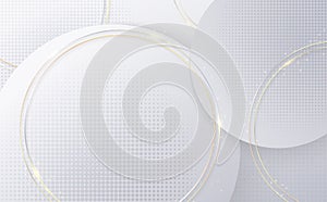 Abstract gradient white and gray template of tech circle decoration with rounded halftone. Overlapping with golden round