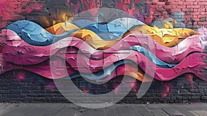 Abstract graffiti pattern on a brick wall in pink, blue and yellow colors.