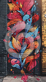 Abstract graffiti pattern on a brick wall in pink, blue and yellow colors.