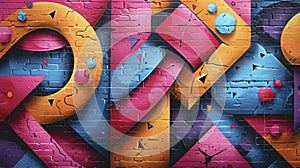 Abstract graffiti pattern on a brick wall in pink, blue and yellow colors.