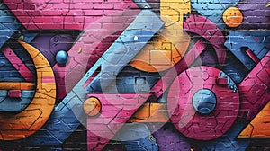 Abstract graffiti pattern on a brick wall in pink, blue and yellow colors.