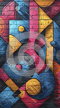 Abstract graffiti pattern on a brick wall in pink, blue and yellow colors.