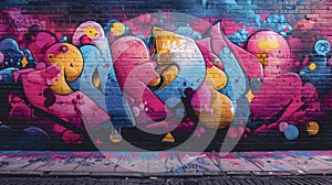 Abstract graffiti pattern on a brick wall in pink, blue and yellow colors.