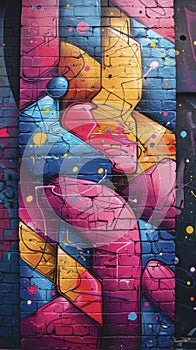 Abstract graffiti pattern on a brick wall in pink, blue and yellow colors.