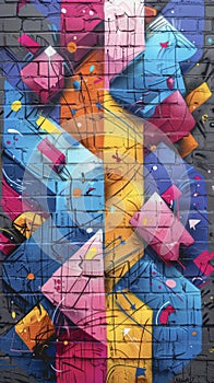 Abstract graffiti pattern on a brick wall in pink, blue and yellow colors.