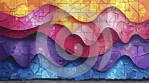 Abstract graffiti pattern on a brick wall in pink, blue and yellow colors.