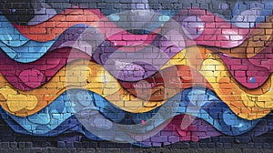 Abstract graffiti pattern on a brick wall in pink, blue and yellow colors.