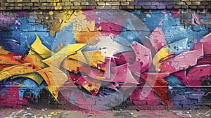 Abstract graffiti pattern on a brick wall in pink, blue and yellow colors.