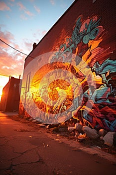 Abstract Graffiti: Vibrant Colors & Intricate Patterns on Urban Brick Wall at Sunset