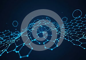 Abstract graphene nanostructure with glowing blue hexagonal connections on dark background