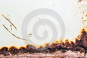 Abstract background and texture of rust on an old aged iron coating surface with white color. photo