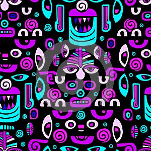 Abstract graphic colored faces seamless pattern. Ancient Inca mask. hand drawing. Not AI . Vector illustration