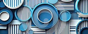 Abstract graphic design with blue and white concentric circles and stripes pattern