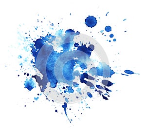 Abstract graphic element. The splattered spot is saturated with blue paint. Blot on a white background. Watercolor ink stain. A photo