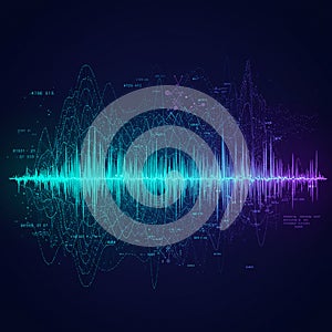 Abstract graphical representation of sound waves and data patterns. Central