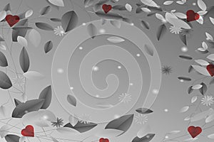 Abstract Gray background with black, white leaves and red hearts